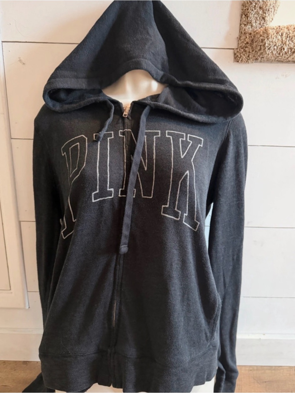 Victoria's Secret PINK Charcoal Grey Varsity Embroidered Full-Zip Hoodie Size M